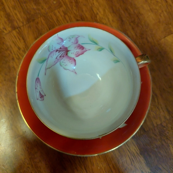 VTG Made In Occupied Japan Orange Floral Teacup and Saucer Orchid - Picture 2 of 13
